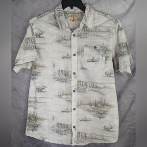 Red Head Large Button Down Shirt With Moose/Forest/Fishing Scene
